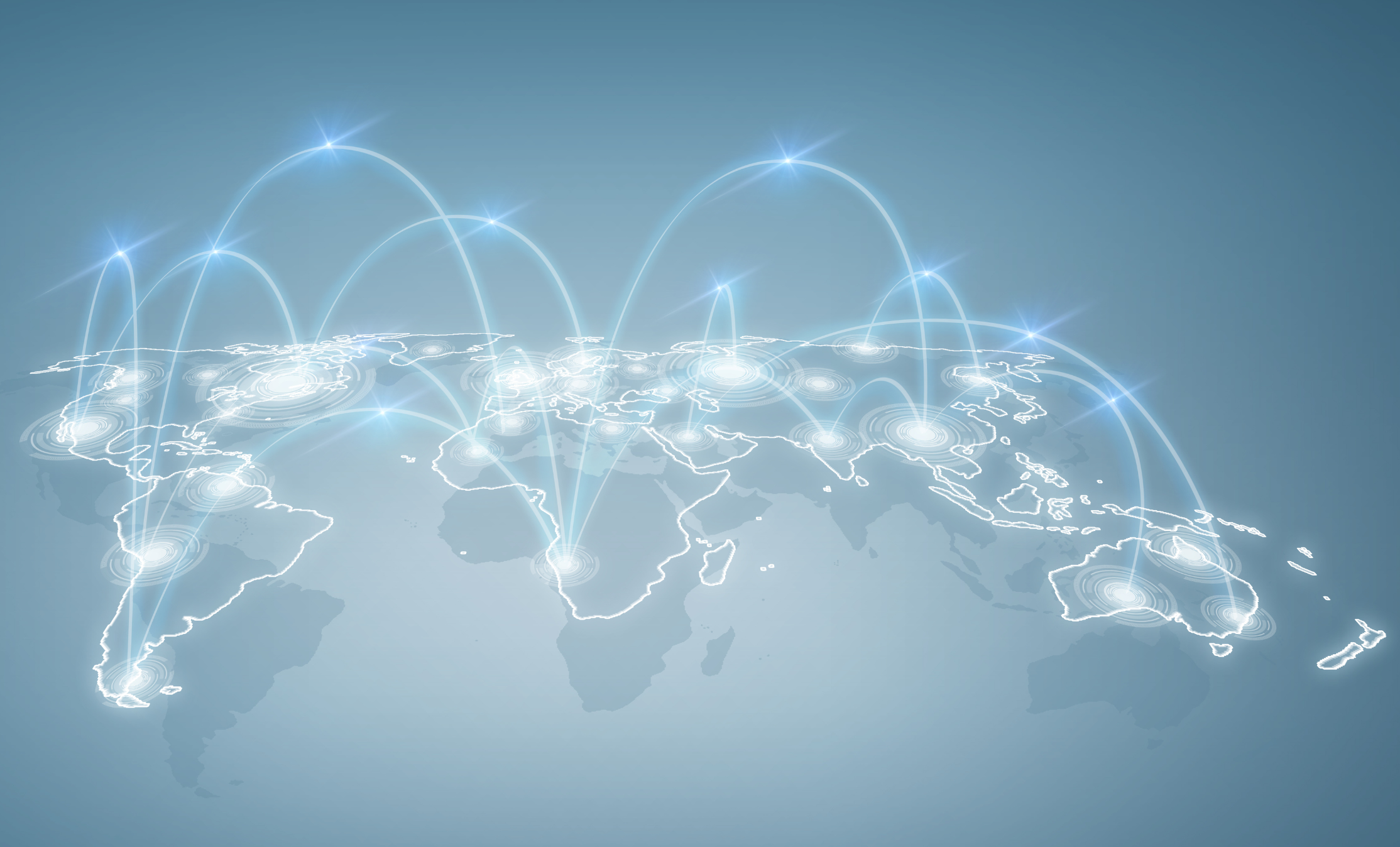Glowing blue digital world map showing global network nodes to illustrate business internet latency causes. 