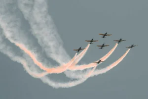 Fighter jets flying in tight formation leaving smoke trails, representing the speed of SD-WAN link bonding.