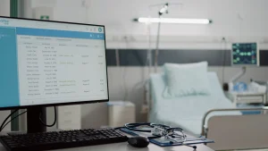 Computer monitor displaying patient data in a hospital room powered by secure healthcare SD-WAN solutions.