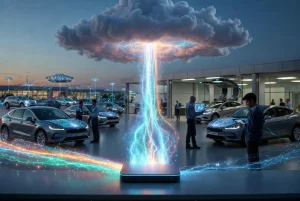Futuristic glowing digital beam illuminating a dark auto lot to showcase SD-WAN for car dealerships.