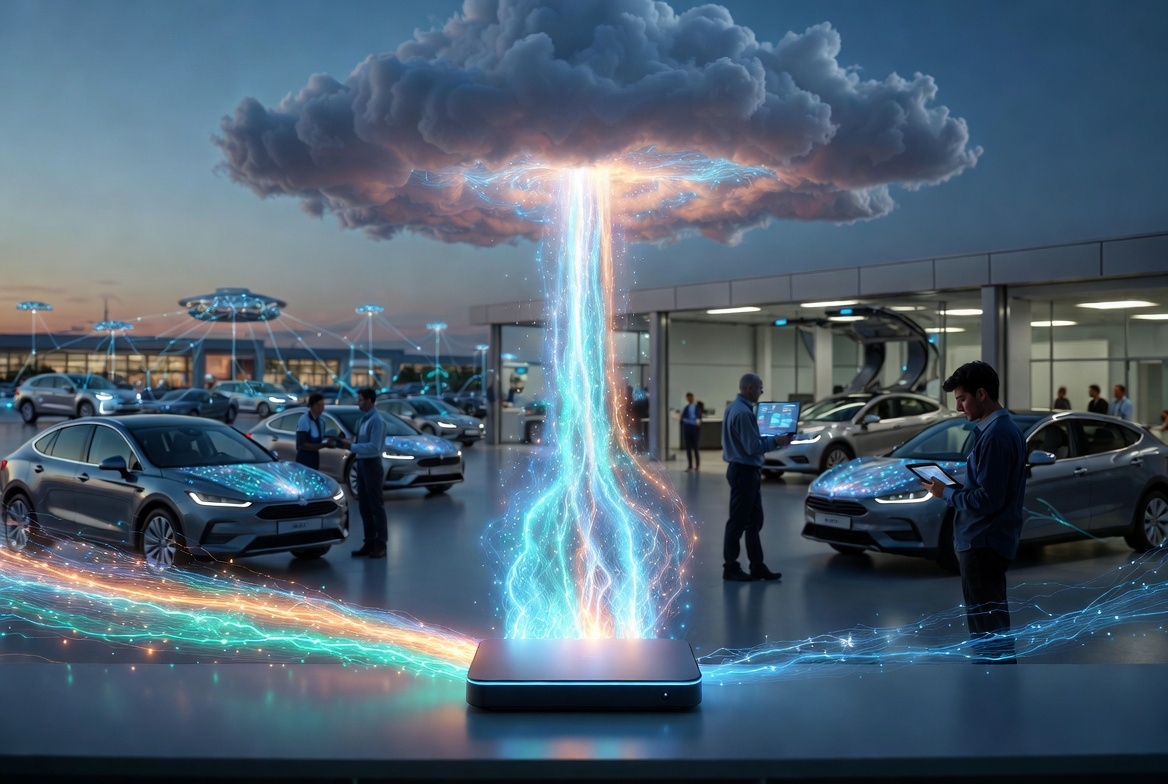 Futuristic glowing digital beam illuminating a dark auto lot to showcase SD-WAN for car dealerships.