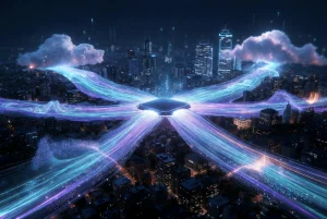 Futuristic digital city with glowing data streams representing global routing and connectivity intelligence.