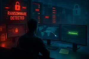 Person in a dark room viewing red ransomware detected monitors, a threat stopped by Antares Illuminate analytics.