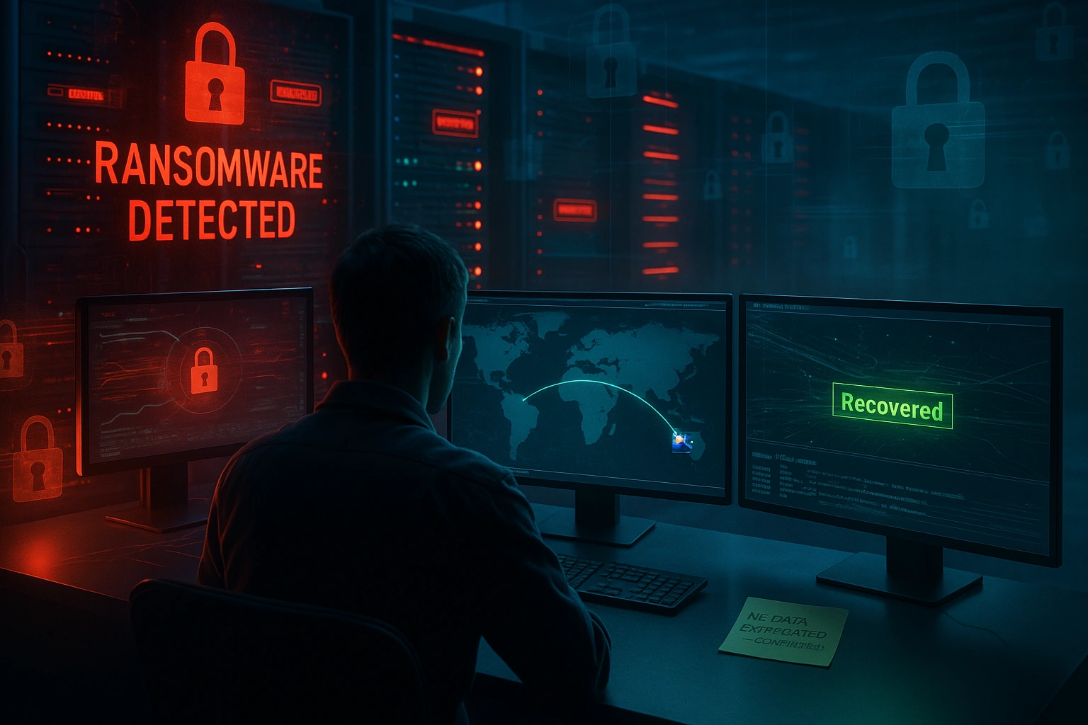 Person in a dark room viewing red ransomware detected monitors, a threat stopped by Antares Illuminate analytics.