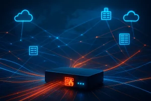 Enterprise hardware router emitting glowing orange data lines to cloud icons for a firewall vs SD-WAN comparison