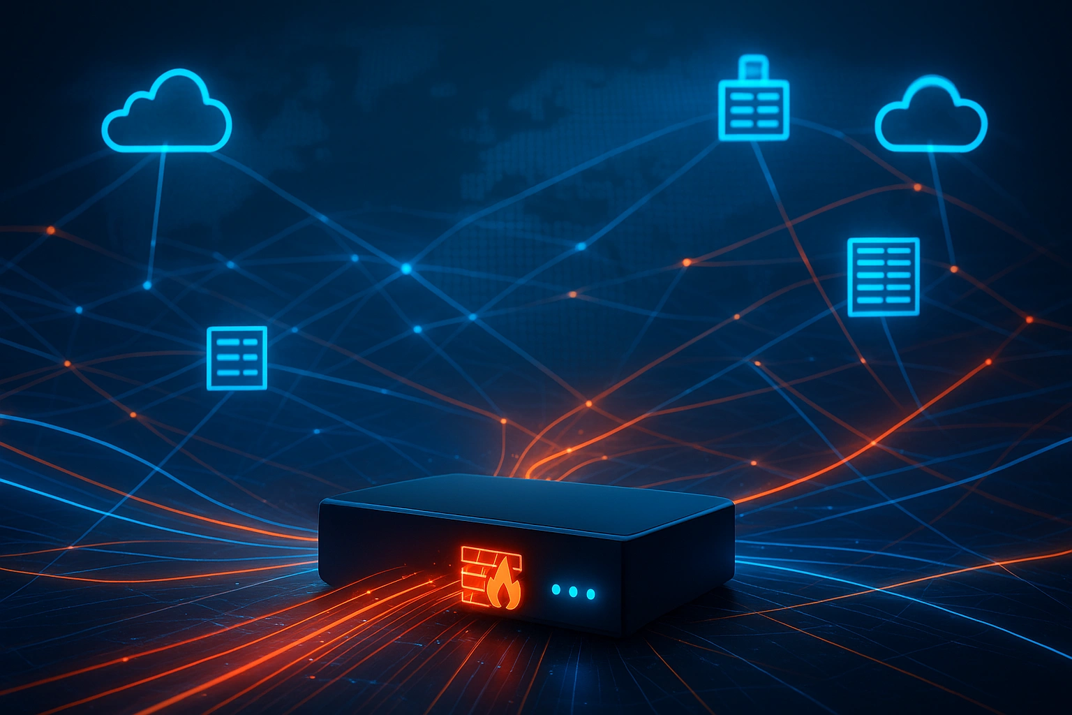 Enterprise hardware router emitting glowing orange data lines to cloud icons for a firewall vs SD-WAN comparison