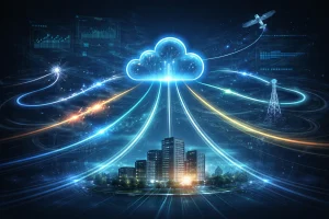 Glowing digital cloud over a futuristic city illustrating reliable SD-WAN network uptime and cloud connectivity.Β