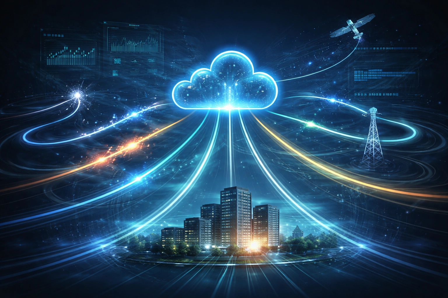 Glowing digital cloud over a futuristic city illustrating reliable SD-WAN network uptime and cloud connectivity. 
