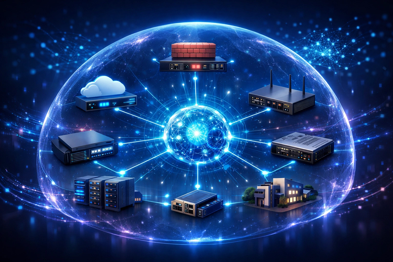 Glowing digital globe surrounded by connected servers and routers utilizing vendor-agnostic network security