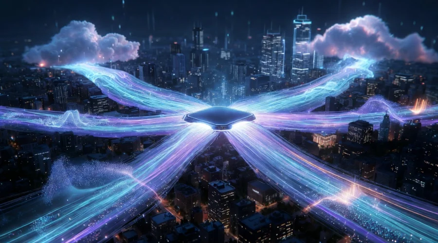 Futuristic digital city with glowing data streams representing global routing and connectivity intelligence.