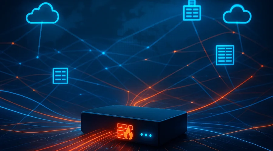 Enterprise hardware router emitting glowing orange data lines to cloud icons for a firewall vs SD-WAN comparison