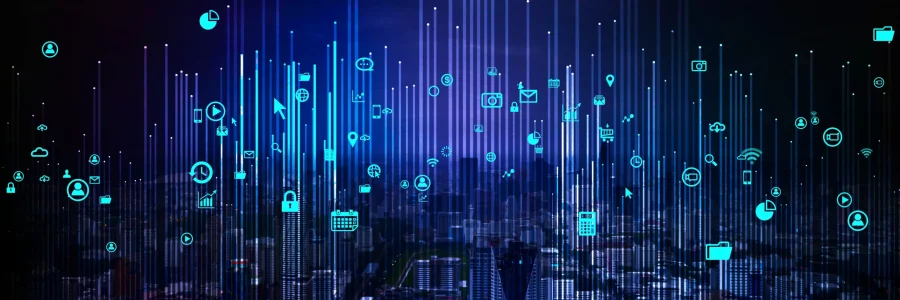 Glowing blue digital data streams and network icons representing advanced network troubleshooting intelligence