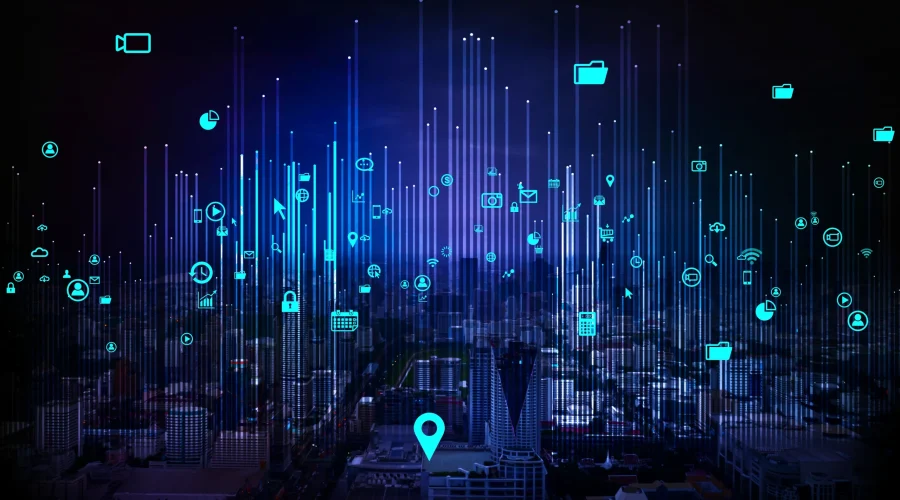 Glowing blue digital data streams and network icons representing advanced network troubleshooting intelligence