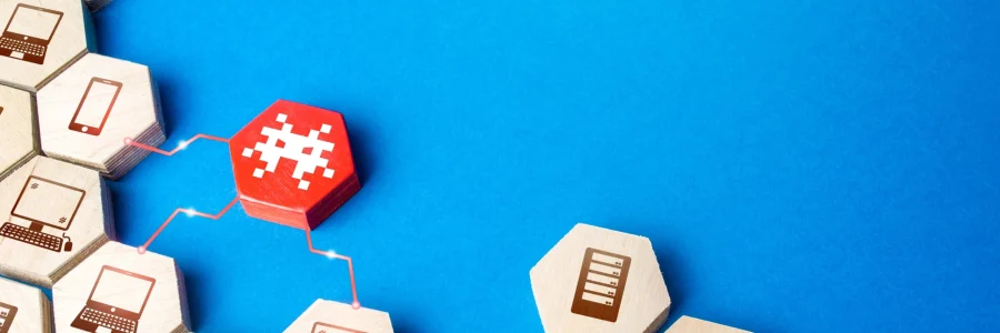 Wooden blocks with network icons connecting to block a malware threat through open source firewall integration