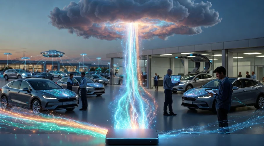 Futuristic glowing digital beam illuminating a dark auto lot to showcase SD-WAN for car dealerships.