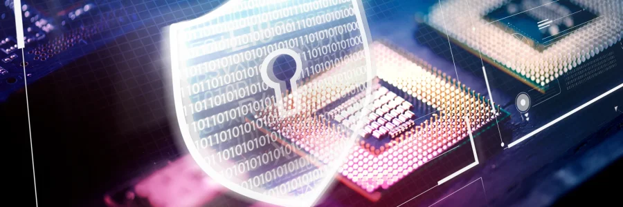 Glowing digital security shield over a computer processor representing secure SD-WAN for law firms