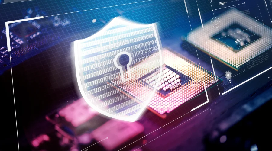 Glowing digital security shield over a computer processor representing secure SD-WAN for law firms