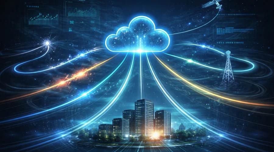 Glowing digital cloud over a futuristic city illustrating reliable SD-WAN network uptime and cloud connectivity. 