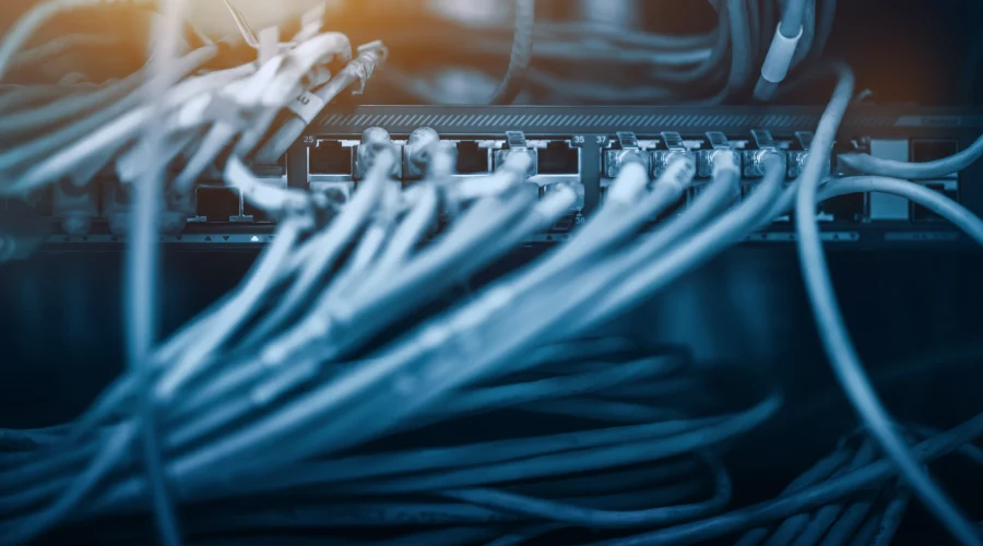 Close up of blue ethernet cables plugged into a glowing switch, replacing South Africa telecommunications lines.