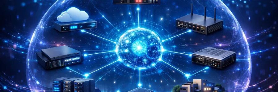 Glowing digital globe surrounded by connected servers and routers utilizing vendor-agnostic network security