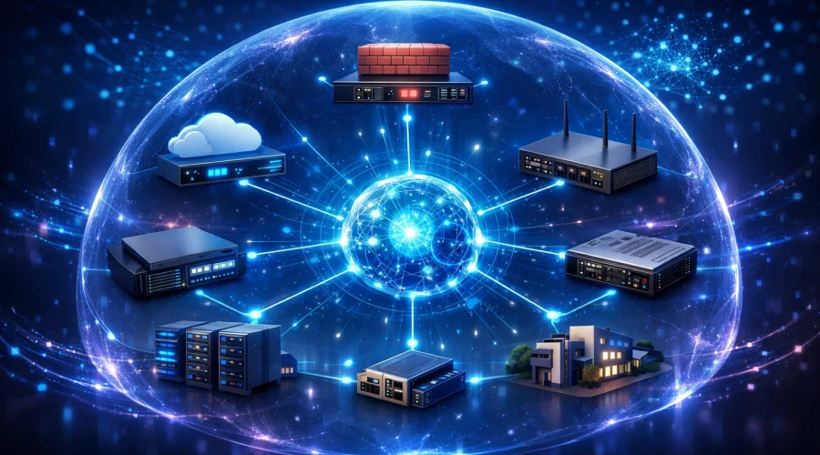 Glowing digital globe surrounded by connected servers and routers utilizing vendor-agnostic network security